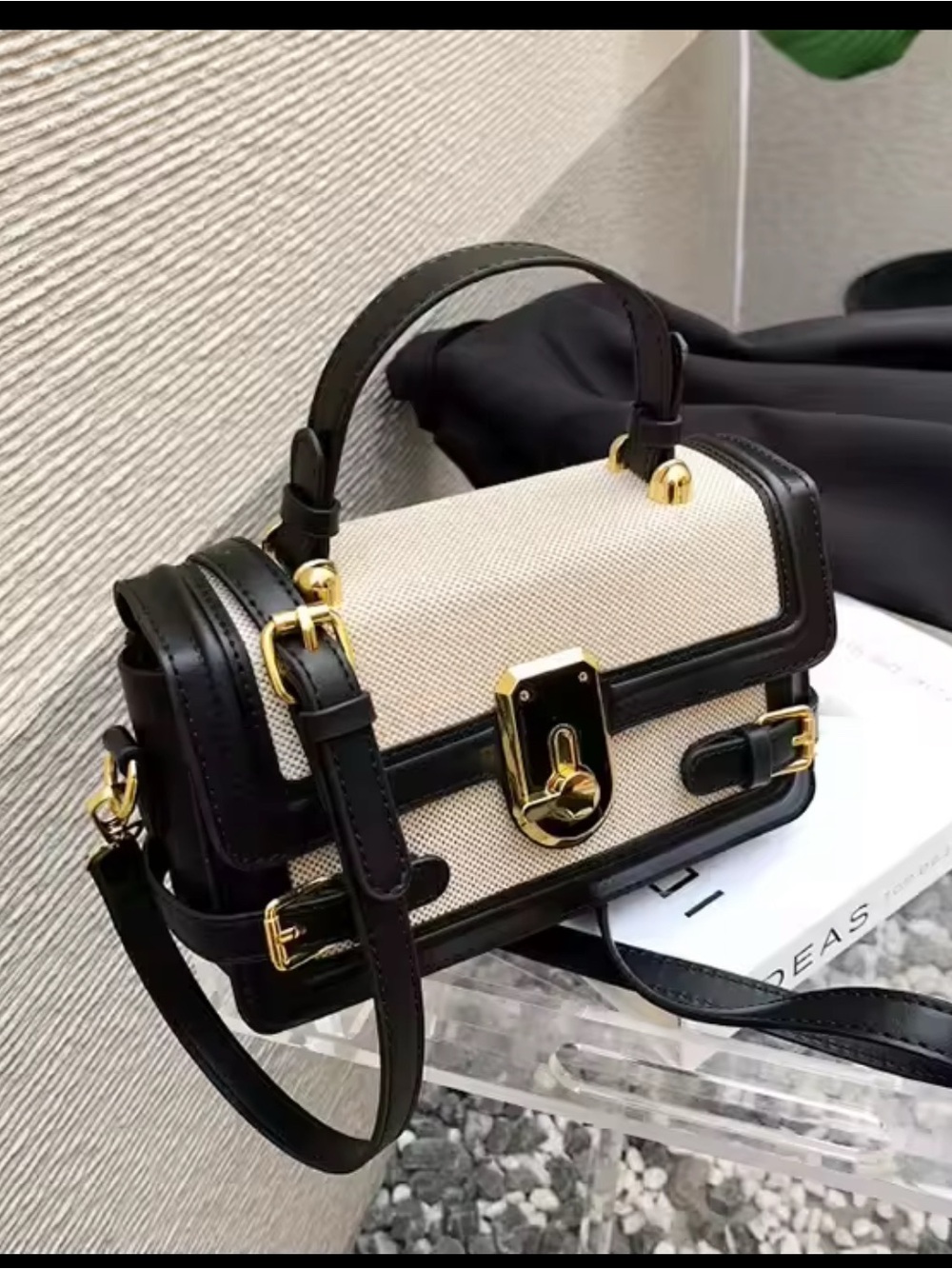 Women’s Black & Cream Top-Handle Bag with Gold Hardware